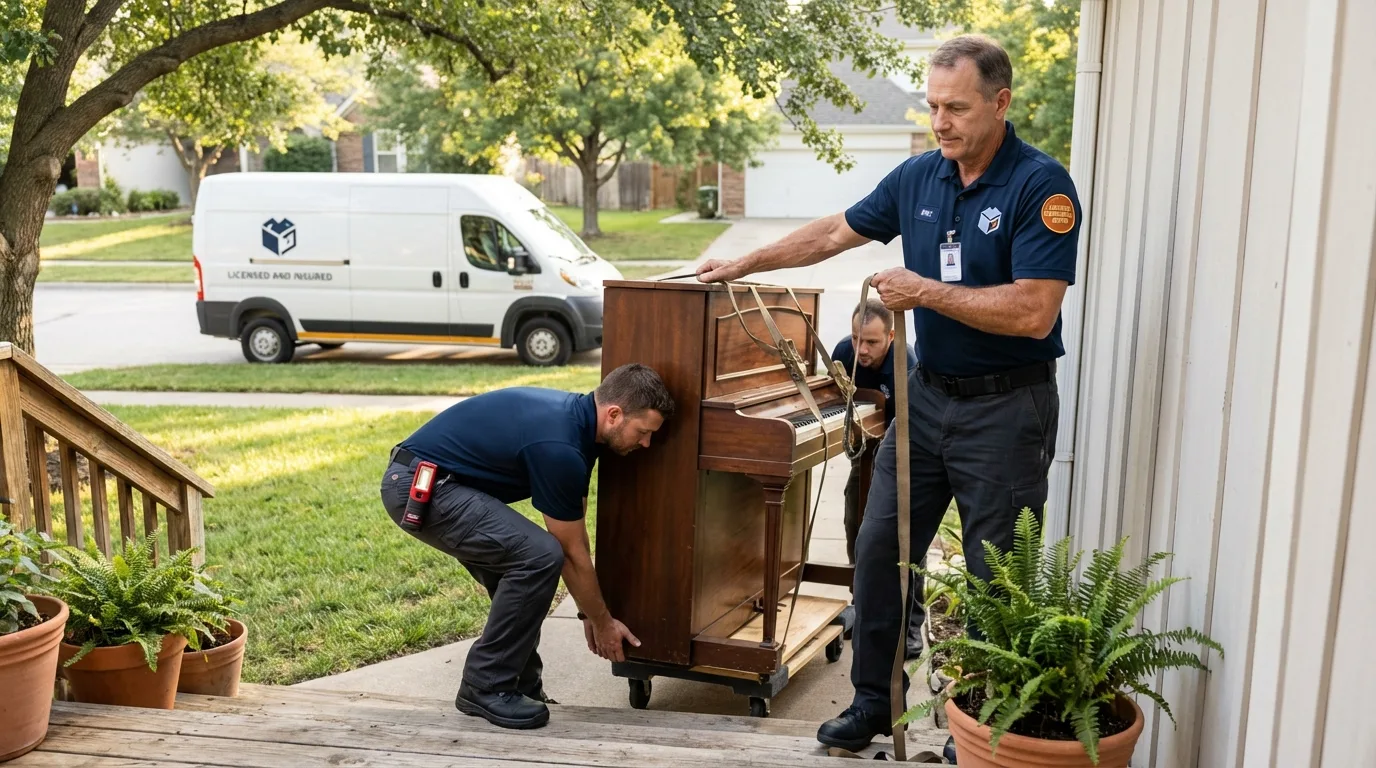Licensed piano movers securing grand piano in Leesburg, OH