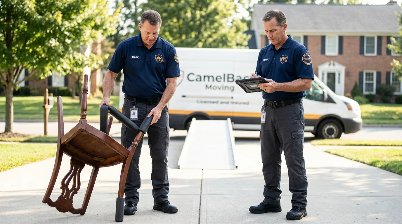 Movers inspecting furniture for damage prevention before loading in Leesburg, OH